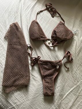 Brown Crochet Triangle Bikini Set with Shell Accents, Coverup included